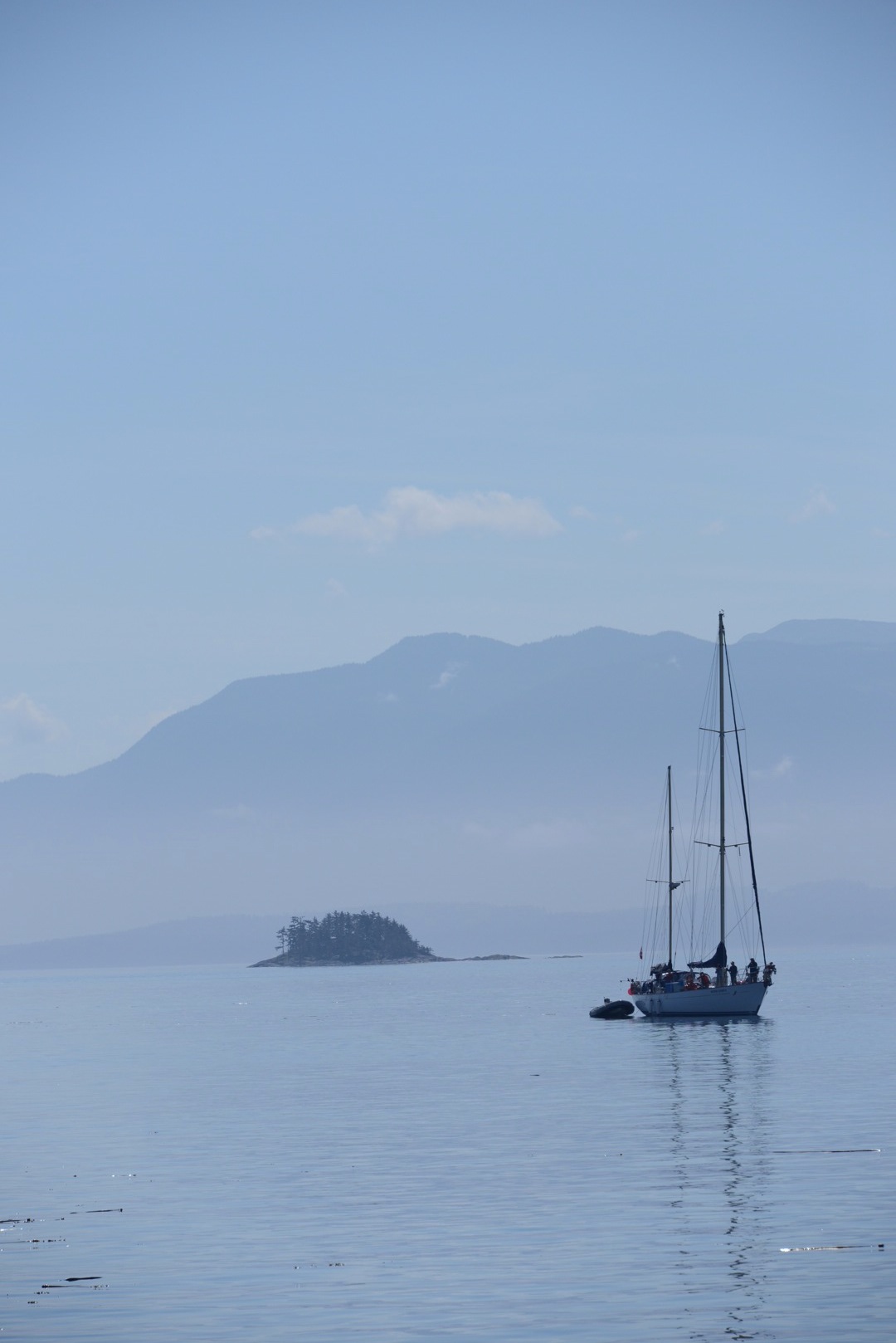 Sail boat with whale watchers in Broughton Archipelago marine provincial park